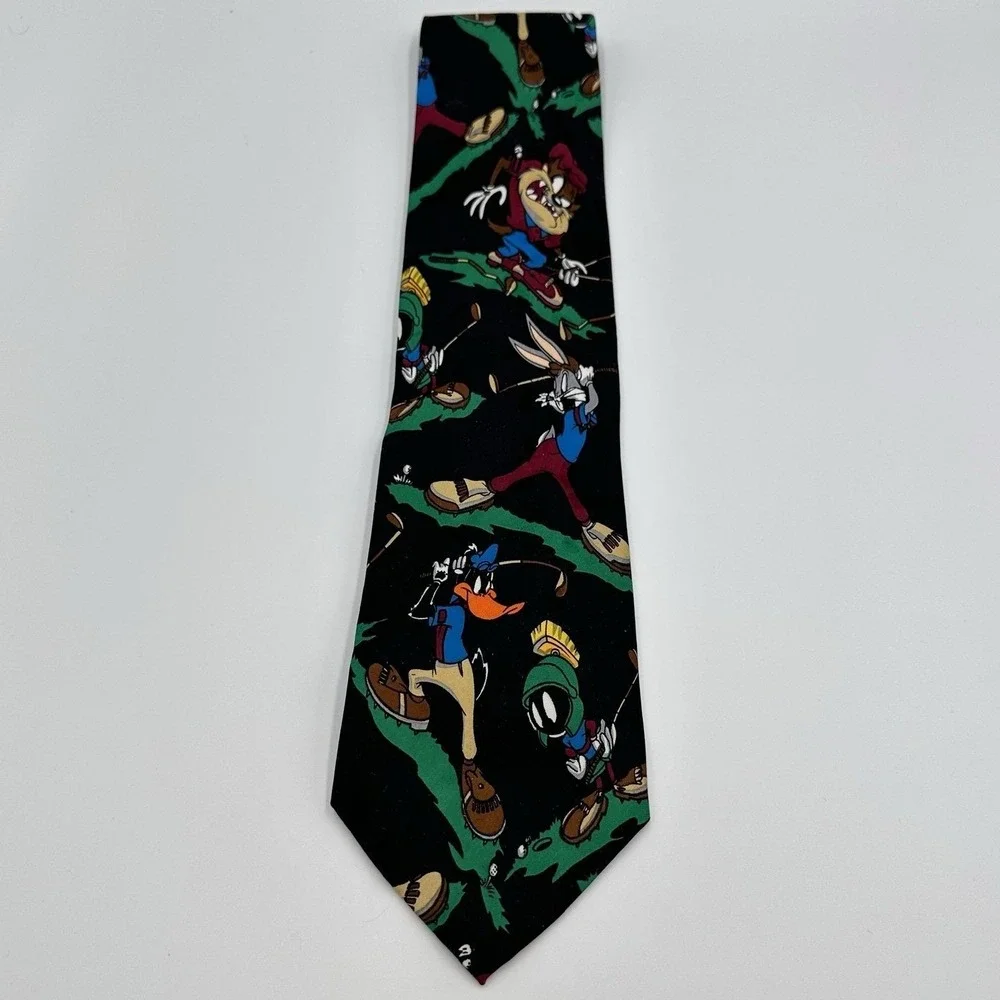Vintage Looney Tunes Mania Tie Black Daffy Bugs Taz‎ Golf Cartoon 90s Polyester